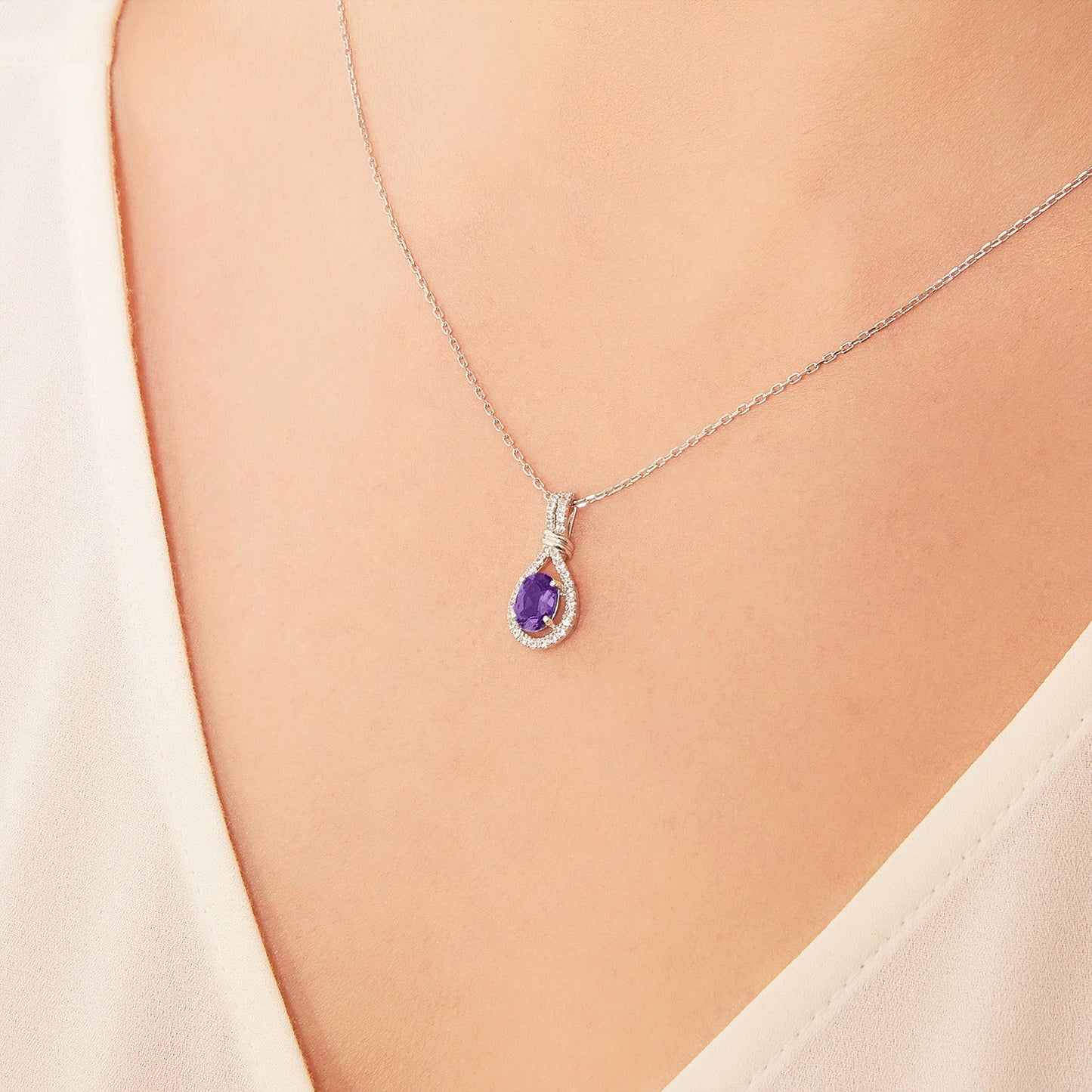 Oval Gemstone and White Sapphire Teardrop Pendant in 925 Sterling Silver