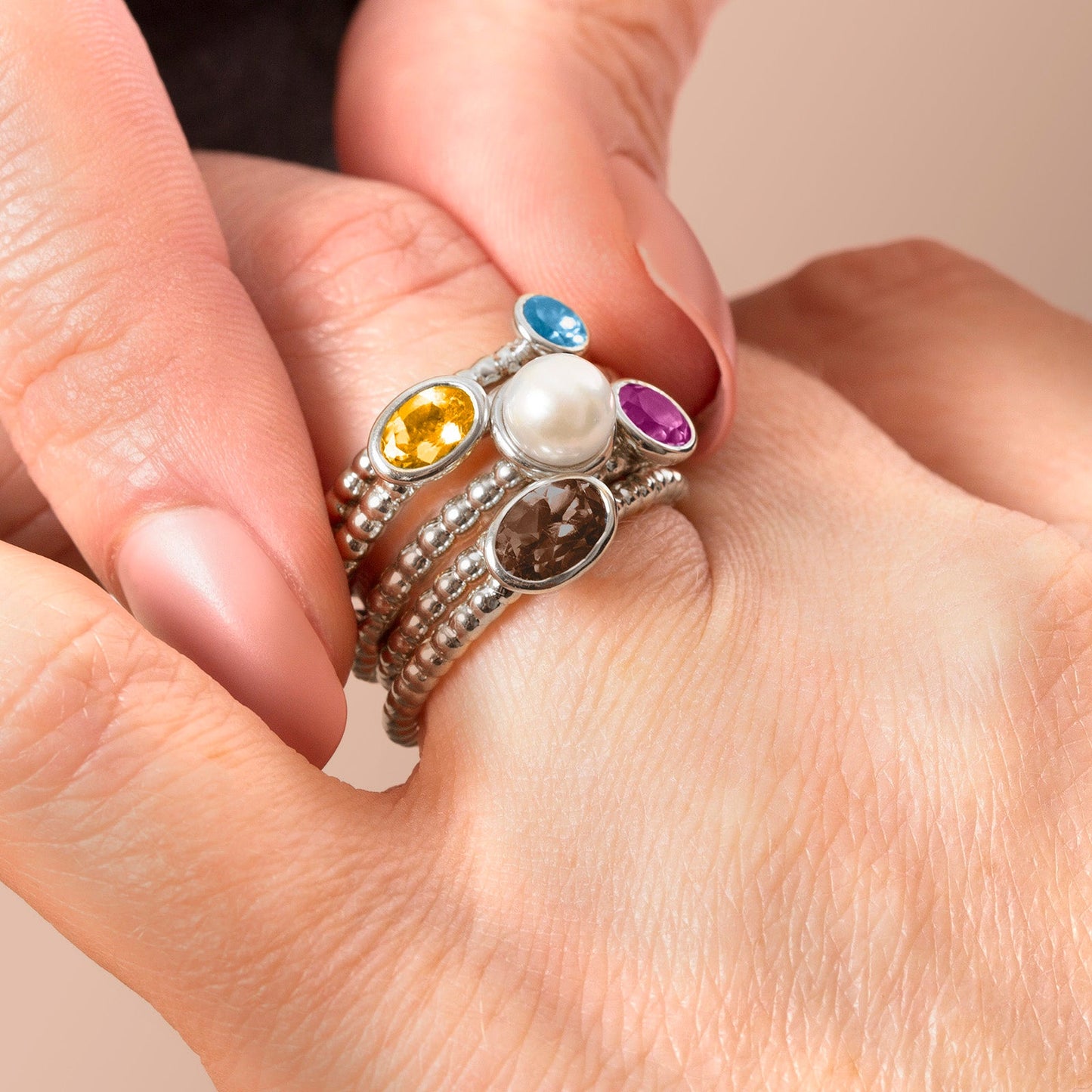 Round 5.0 mm Gemstone or Diamond Stackable Beaded Ring in 925 Sterling Silver