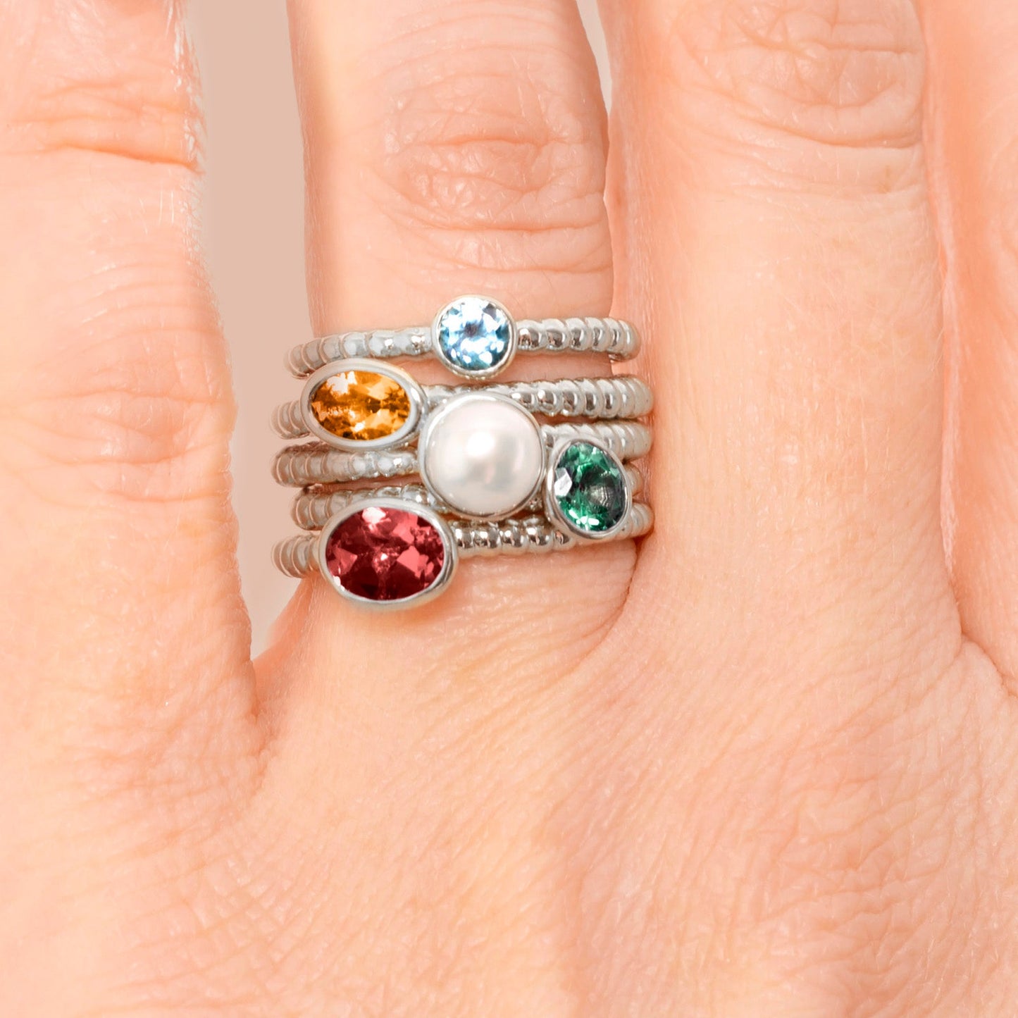 Round 5.0 mm Gemstone or Diamond Stackable Beaded Ring in 925 Sterling Silver
