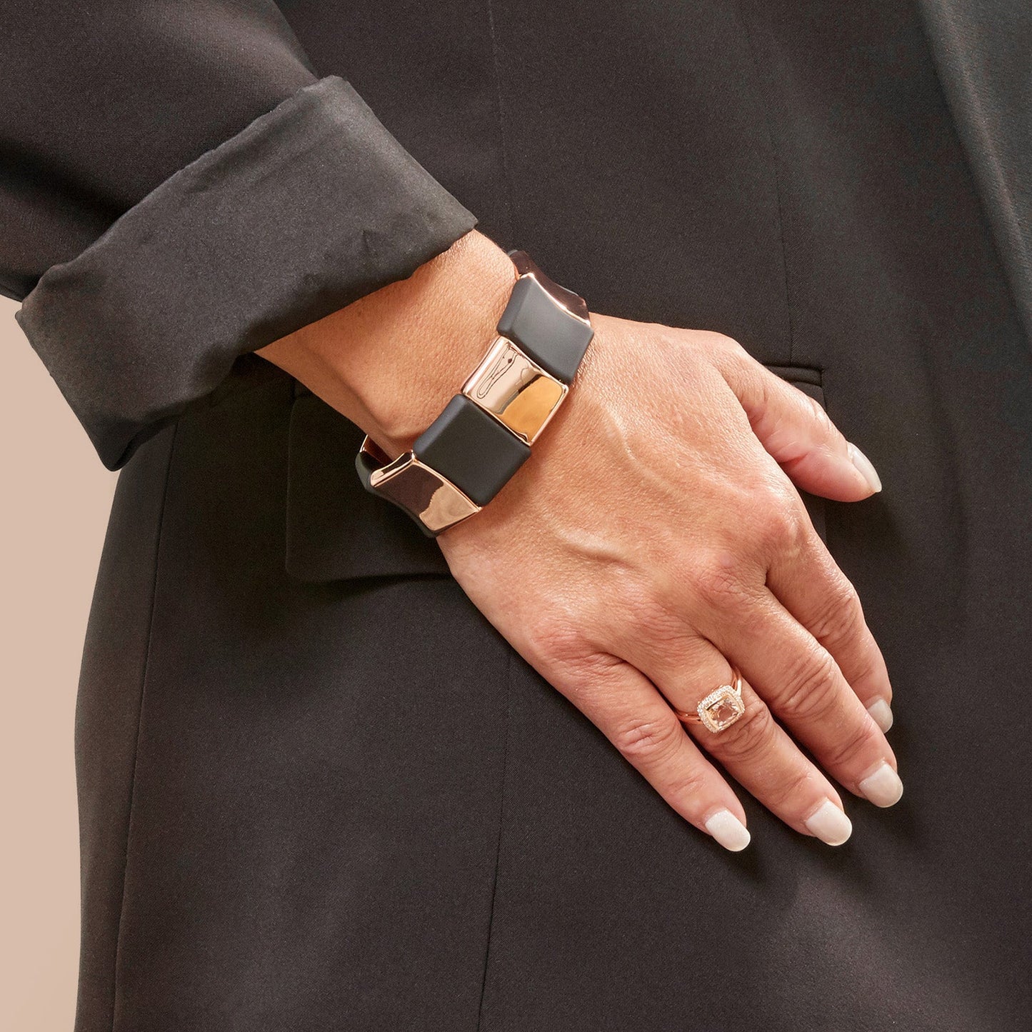 Rose Gold Plated 925 Sterling Silver and Rubber Alternating Concave Square Stretch Bracelet
