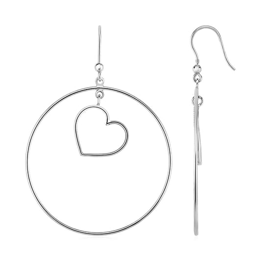 Earrings with Polished Circle and Heart Drops in Sterling Silver