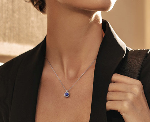 Blue Sapphire & Diamond Halo Necklace in 10k White Gold
