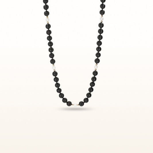 Black Onyx Bead and Pearl Necklace in 14kt Yellow Gold