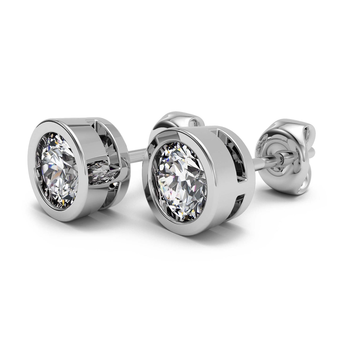 Bezel Round Cut Diamond Stud Earrings 14k Gold