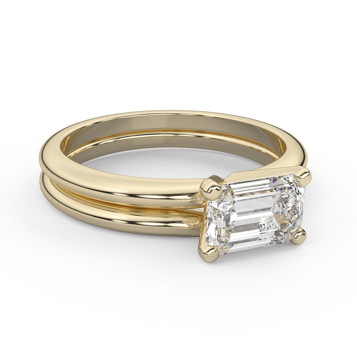 East West Emerald Cut Diamond Wedding Set in 14k Gold