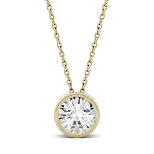 Bezel Moissanite Solitaire Necklace in 14k Gold