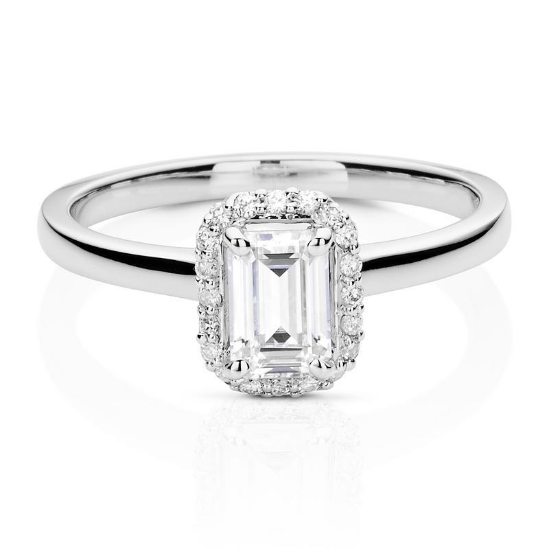 0.68ct Moissanite Emerald Halo Engagement Ring in 14k White Gold