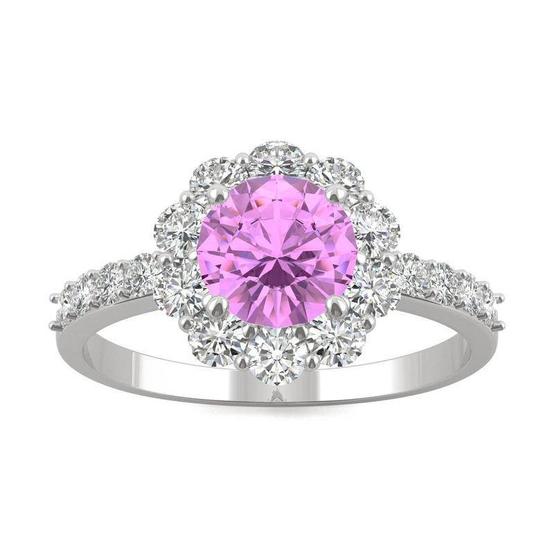 Pink Sapphire & Moissanite Round Halo Ring in 14k White Gold
