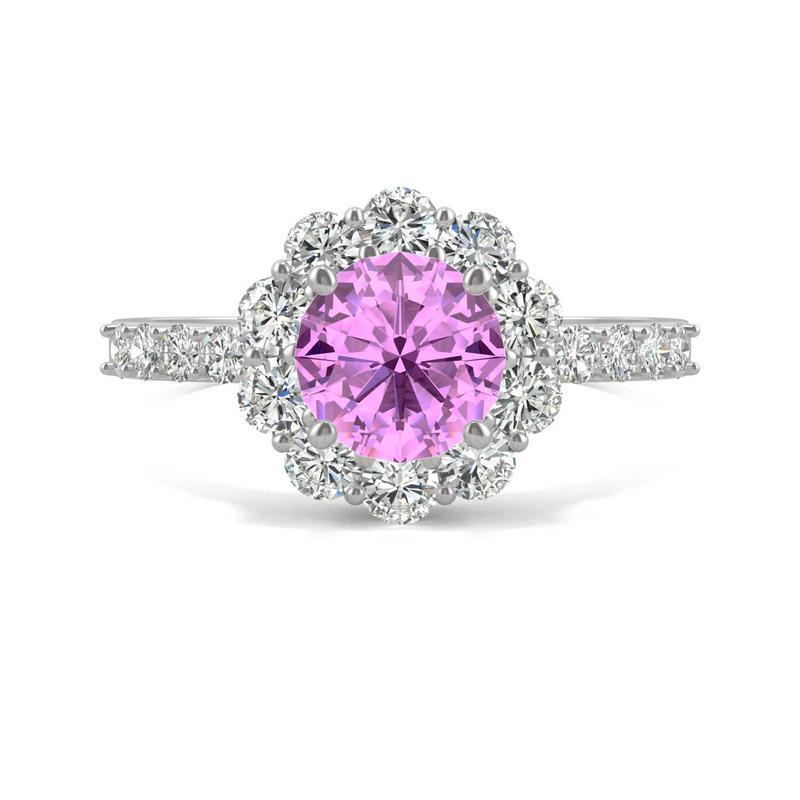 Pink Sapphire & Moissanite Round Halo Ring in 14k White Gold