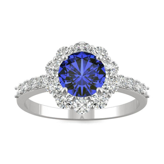 Blue Sapphire & Moissanite Round Halo Ring