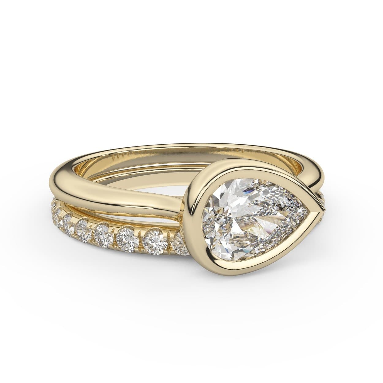 East West Pear Bezel Diamond & Pave Band Wedding Set in 14k Gold