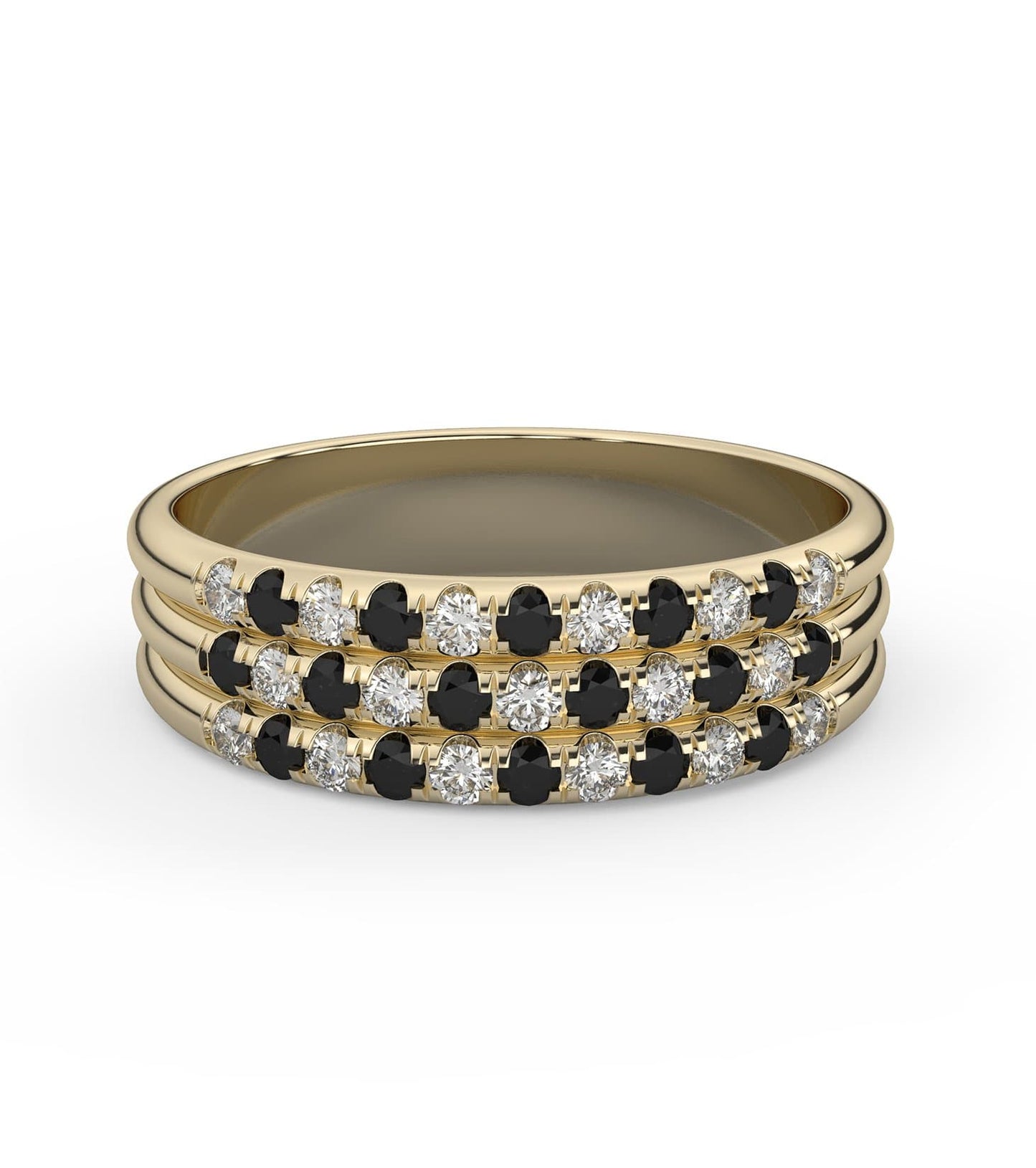 Black and White Diamond 3-Row Band in 14k Gold