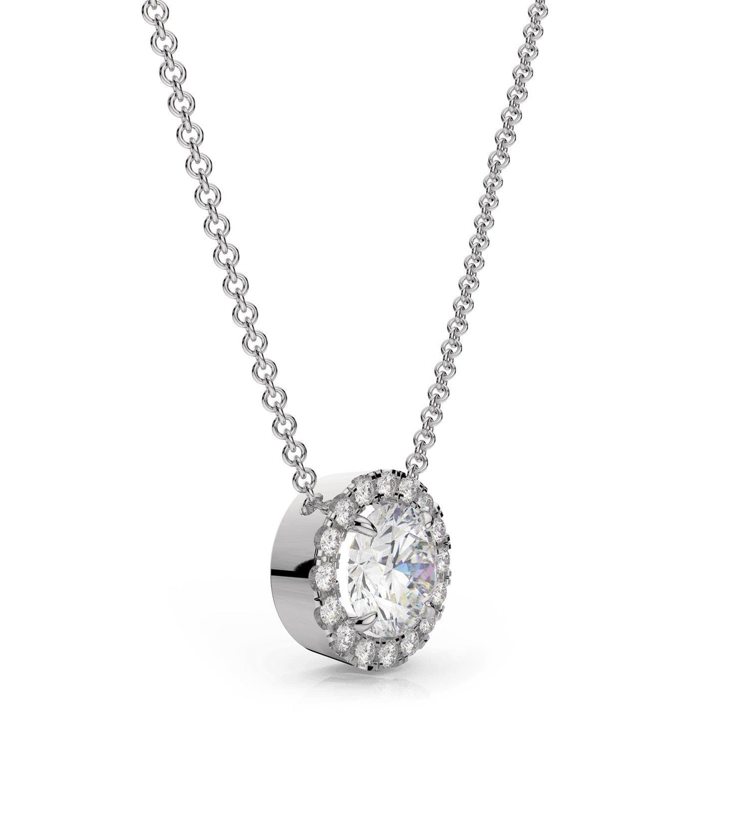 Round Moissanite Halo Necklace in 14k Gold