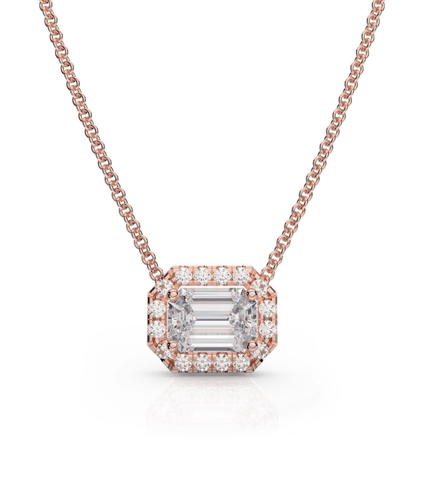 Moissanite and Diamond East-West Emerald Cut Halo Necklace in 14k Gold