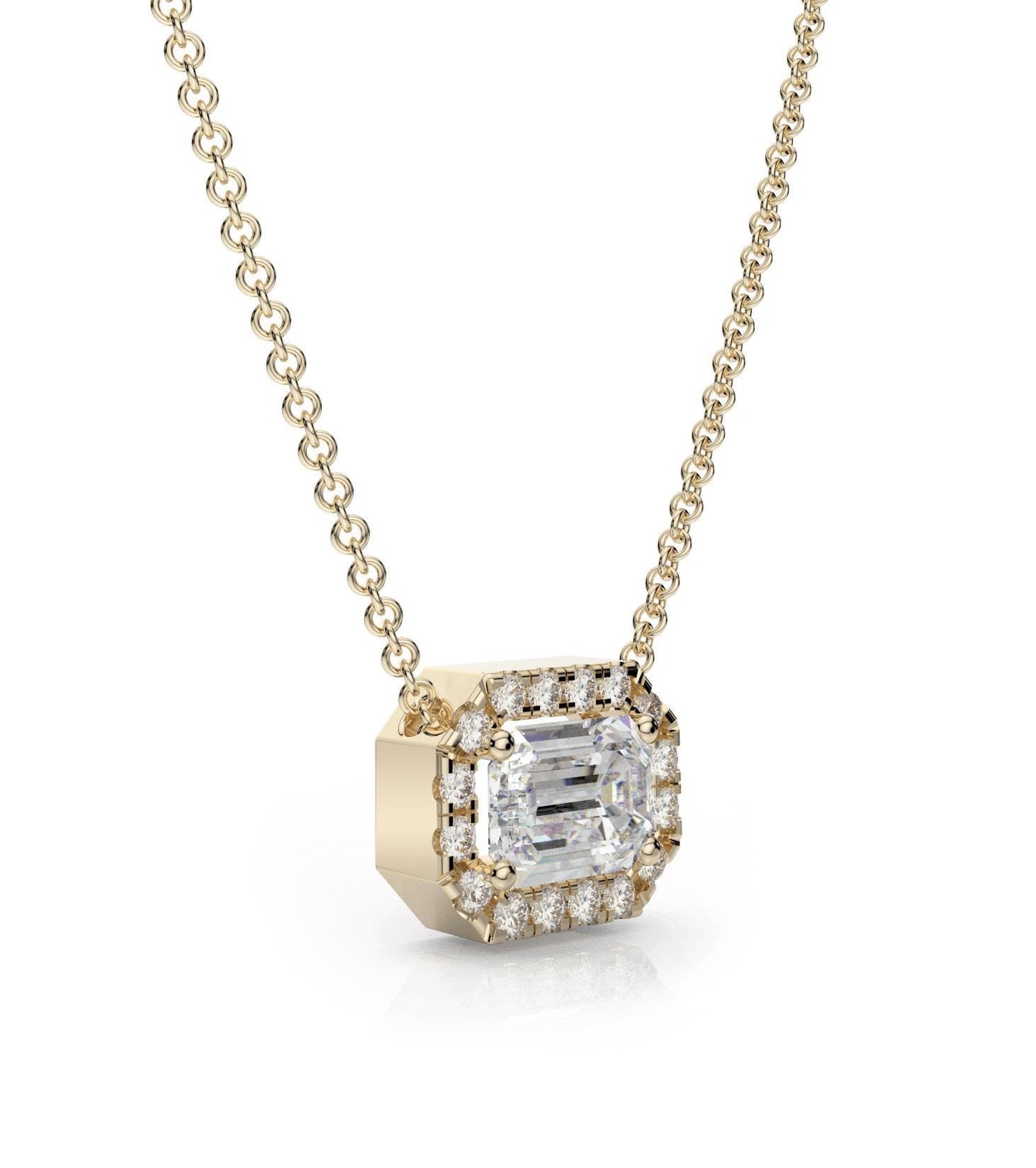 Moissanite and Diamond East-West Emerald Cut Halo Necklace in 14k Gold