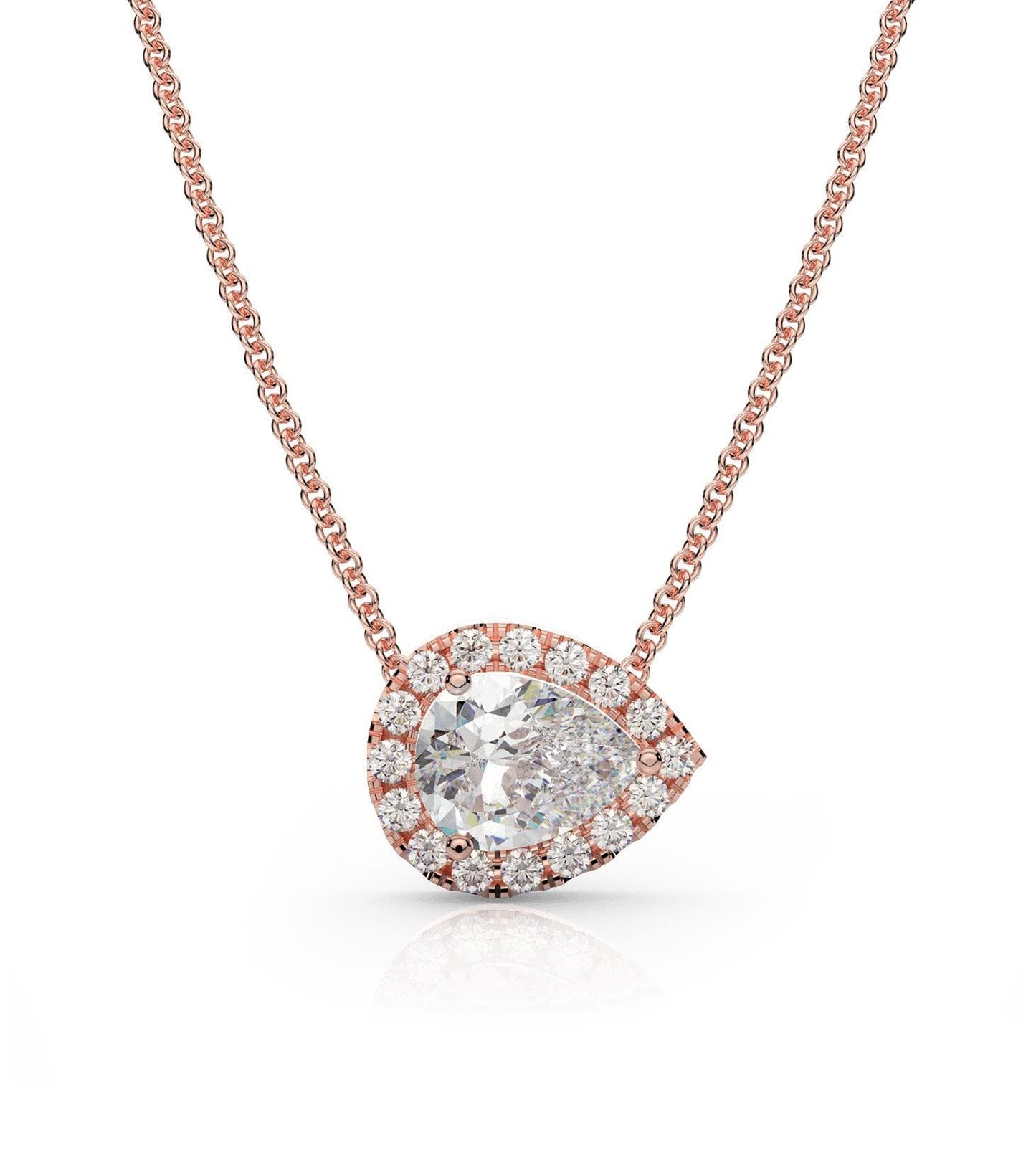 Moissanite and Diamond East-West Pear Shape Halo Necklace in 14k Gold
