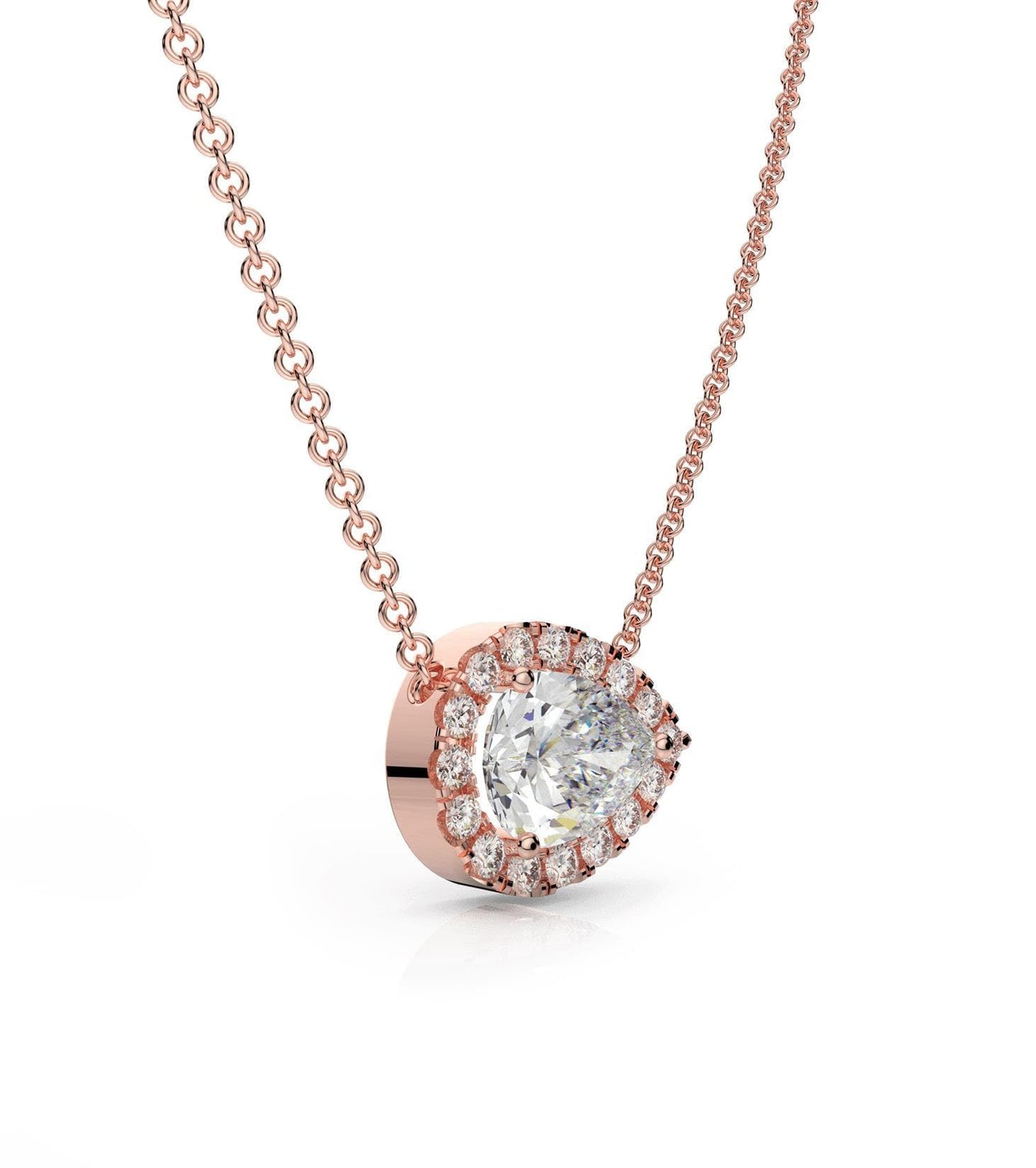 Moissanite and Diamond East-West Pear Shape Halo Necklace in 14k Gold