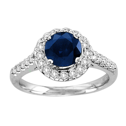 2.0ct Blue Sapphire & Diamond Halo Engagement Ring in 14k White Gold