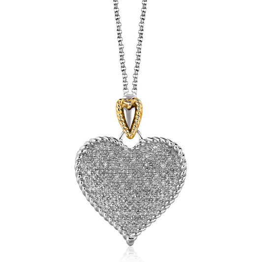 Designer Sterling Silver and 14k Yellow Gold Heart Shape Pave Diamond Pendant
