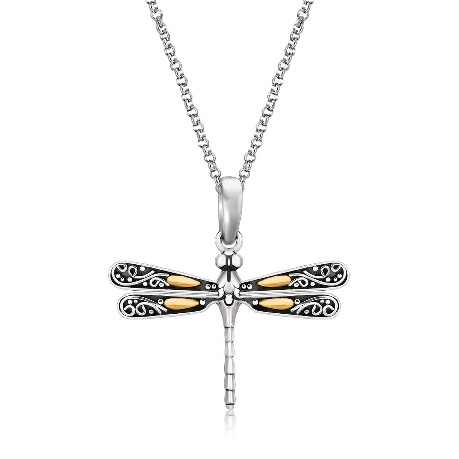 18K Yellow Gold and Sterling Silver Pendant in a Dragonfly Design