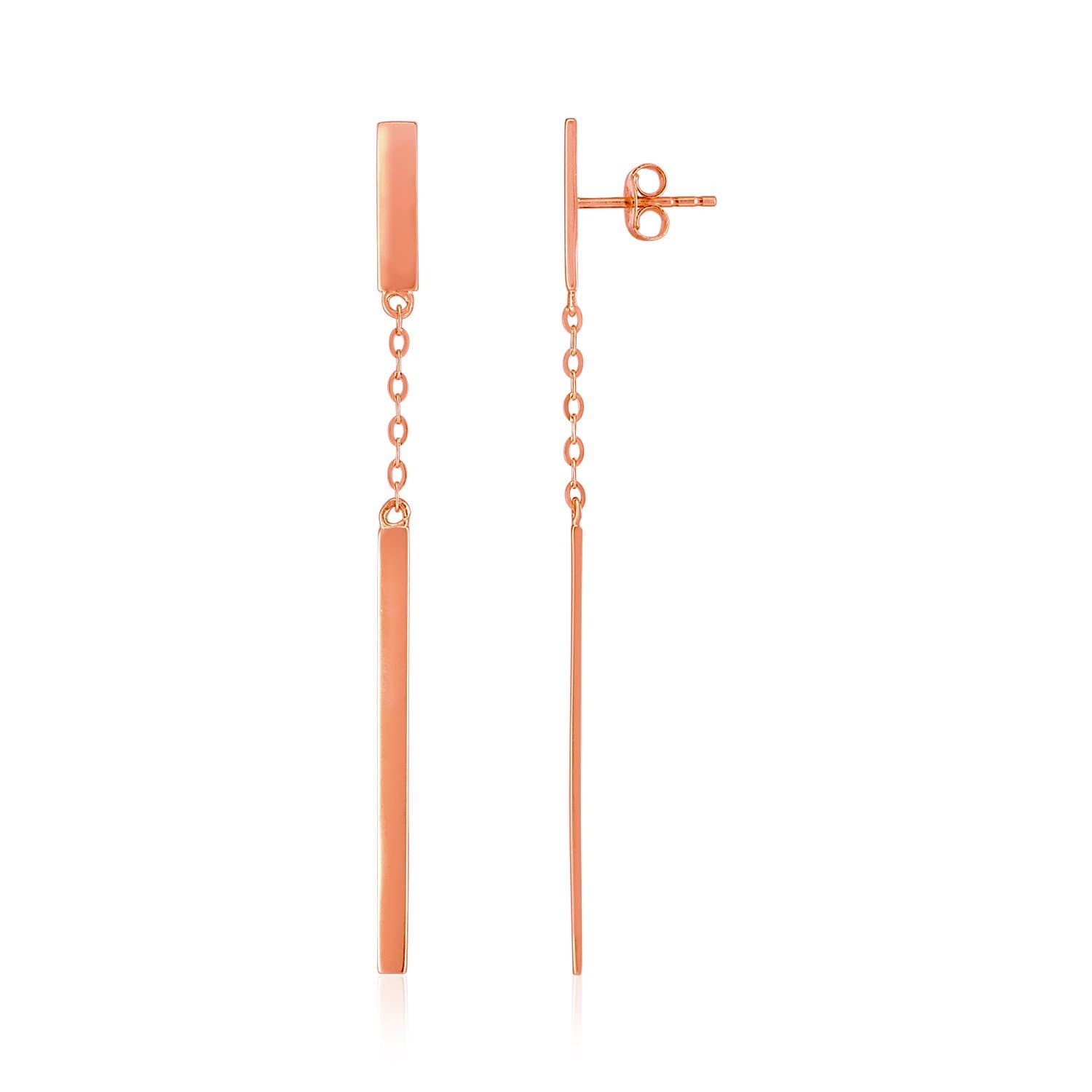 14k Rose Gold Polished Bar Earrings with Chain and Bar Drop