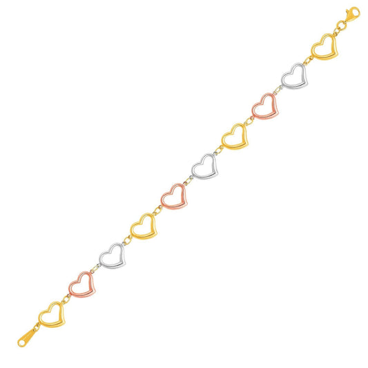 14k Three-Toned Yellow,  White,  and Rose Gold Open Heart Bracelet