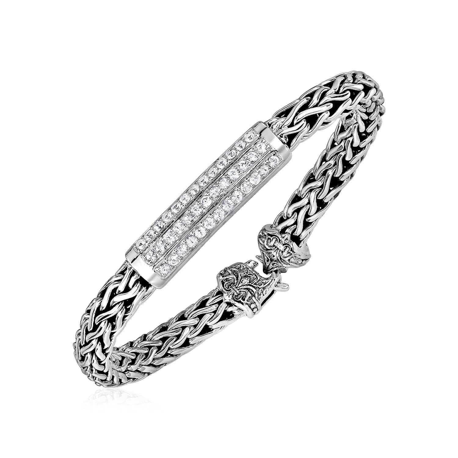 Wide Woven Rope Bracelet with White Sapphire Accents in Sterling Silver