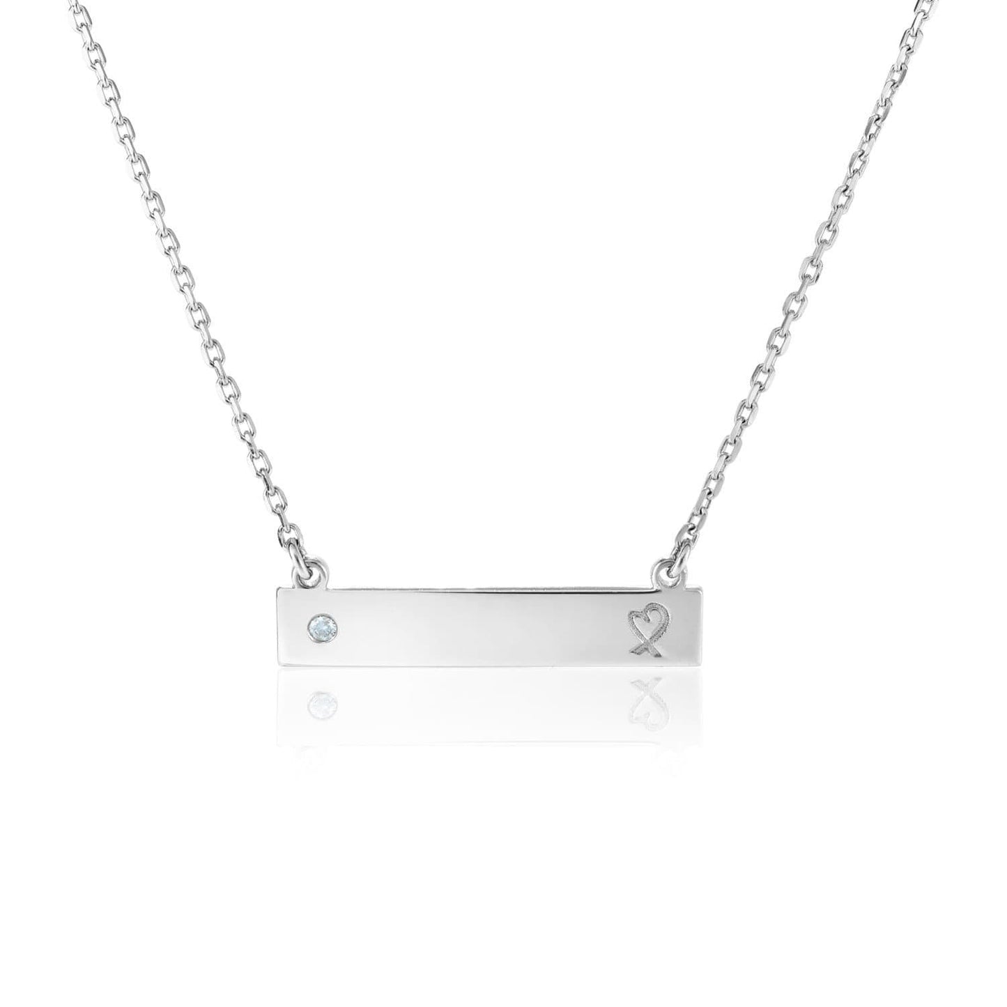 Sterling Silver 18 inch Bar Necklace with Diamond and Engraved Heart