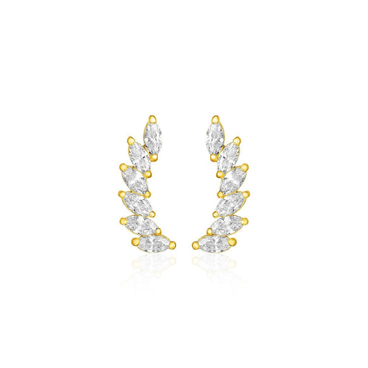 14k Yellow Gold Leaf Motif Climber Post Earrings with Marquise Cubic Zirconias