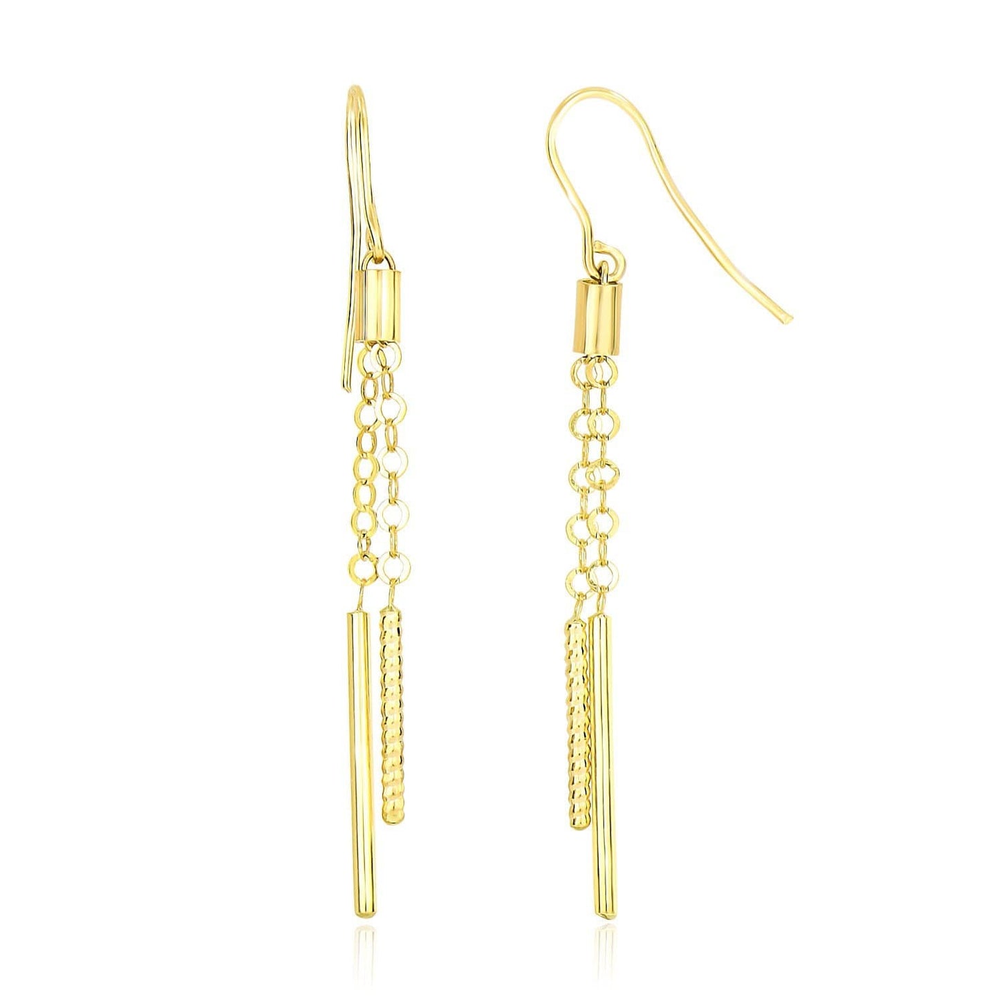 14k Yellow Gold Double Strand Cylinder and Chain Drop Style Earrings