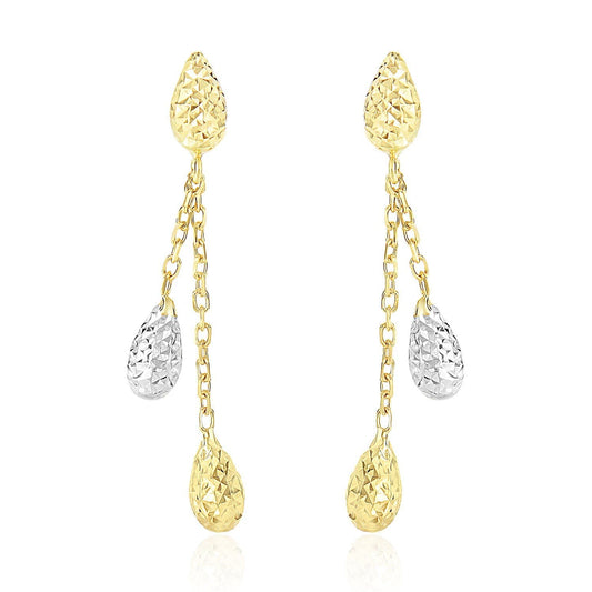 14k Two-Tone Gold Double Row Chain Earrings with Diamond Cut Teardrops