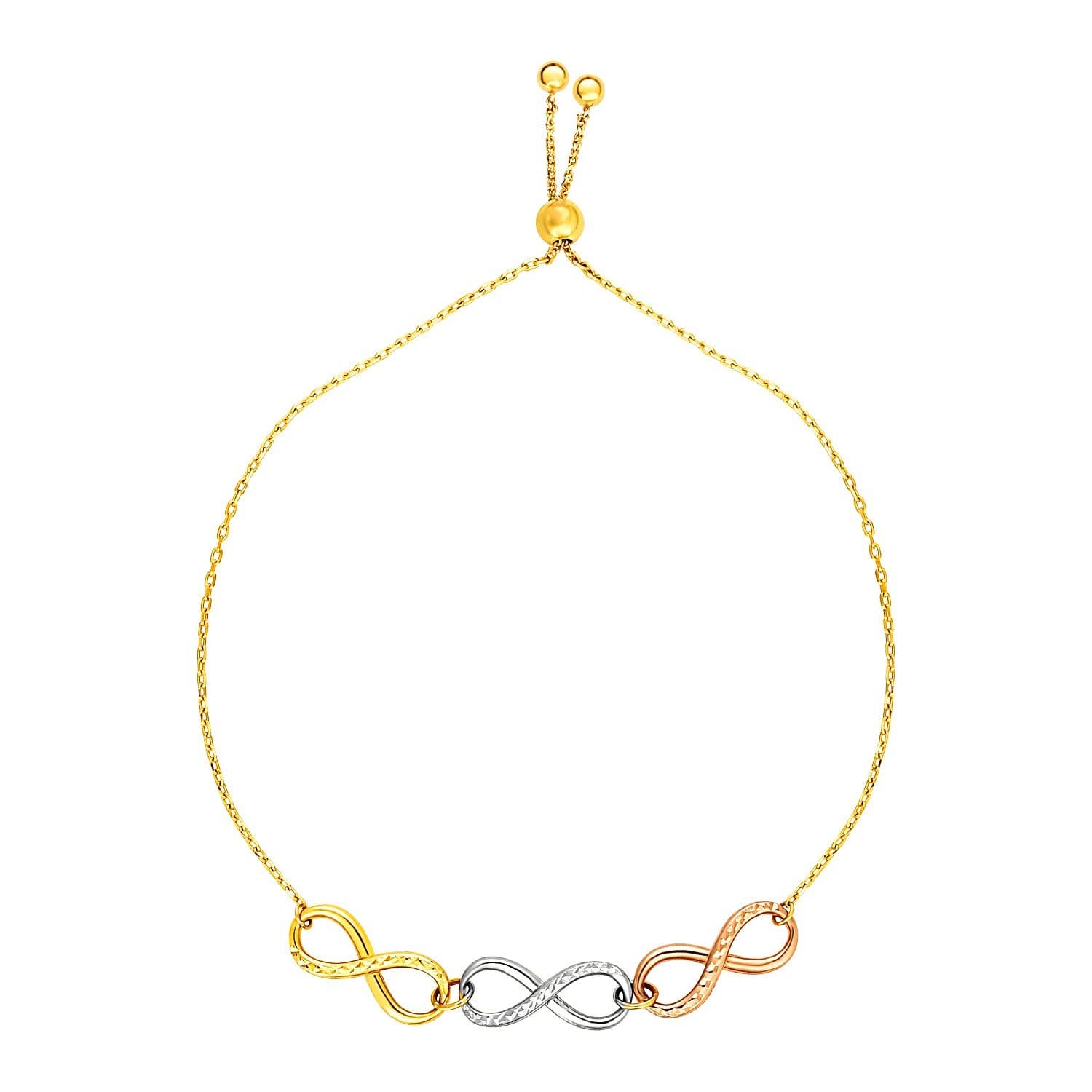 Adjustable Bracelet with Infinity Symbols in 14k Tri Color Gold