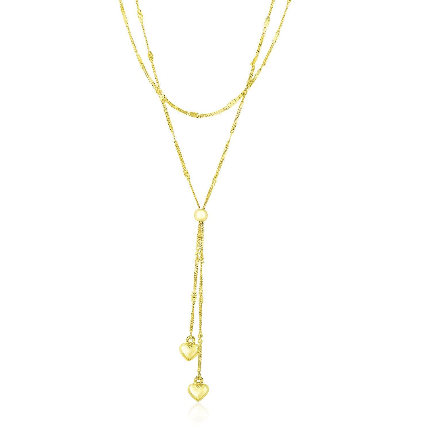 14k Yellow Gold Puffed Heart Lariat Double Strand Necklace
