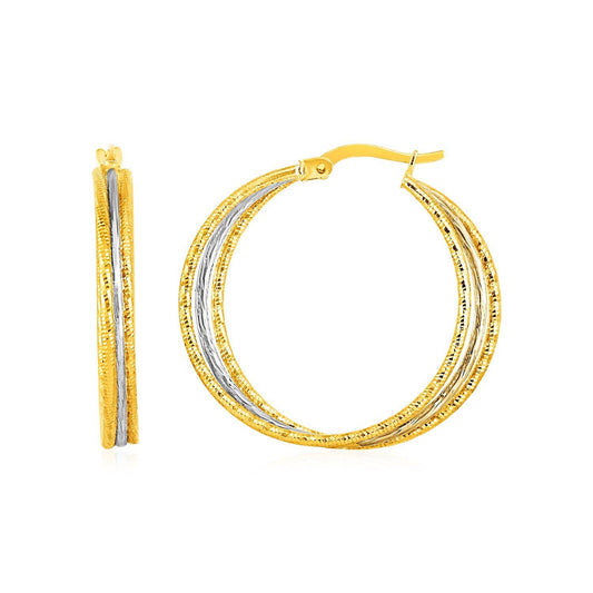 Three Part Textured Hoop Earrings in 14k Yellow and White Gold