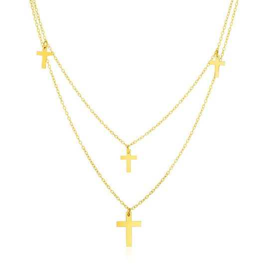 14k Yellow Gold 18 inch Two Strand Necklace with Crosses