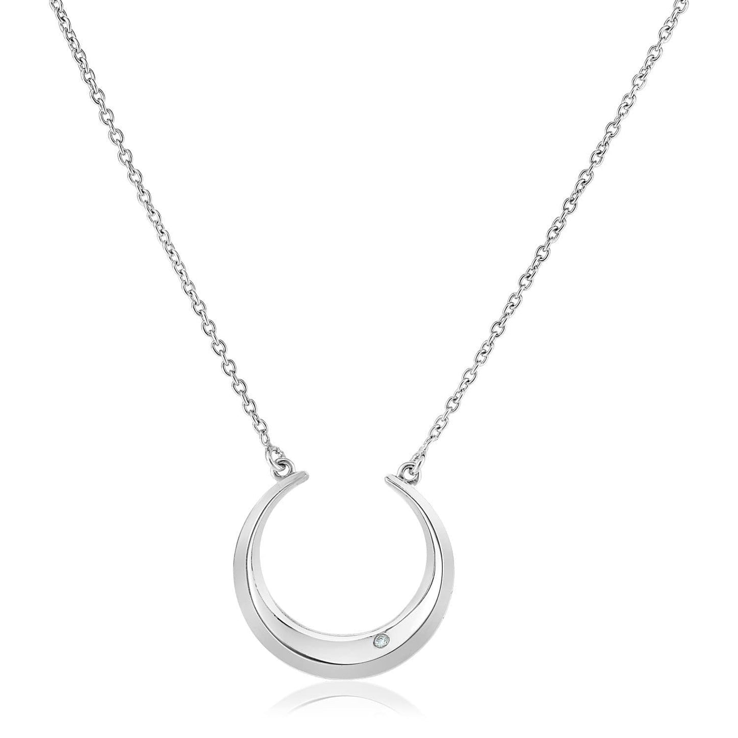Sterling Silver 18 inch Moon Motif Necklace with Diamond