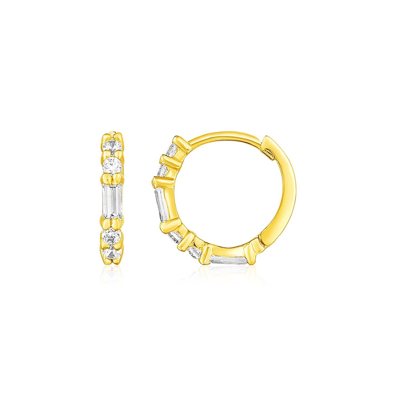14k Yellow Gold Petite Hoop Earrings with Baguette Cubic Zirconias