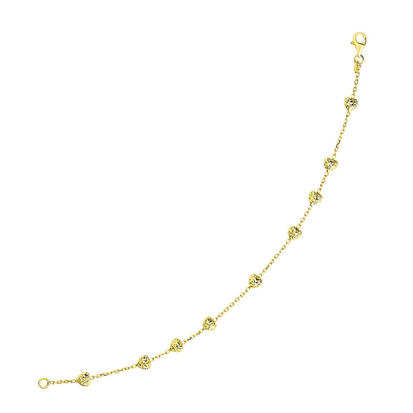 14k Yellow Gold Chain Bracelet with Puffed Diamond Cut Heart Stations