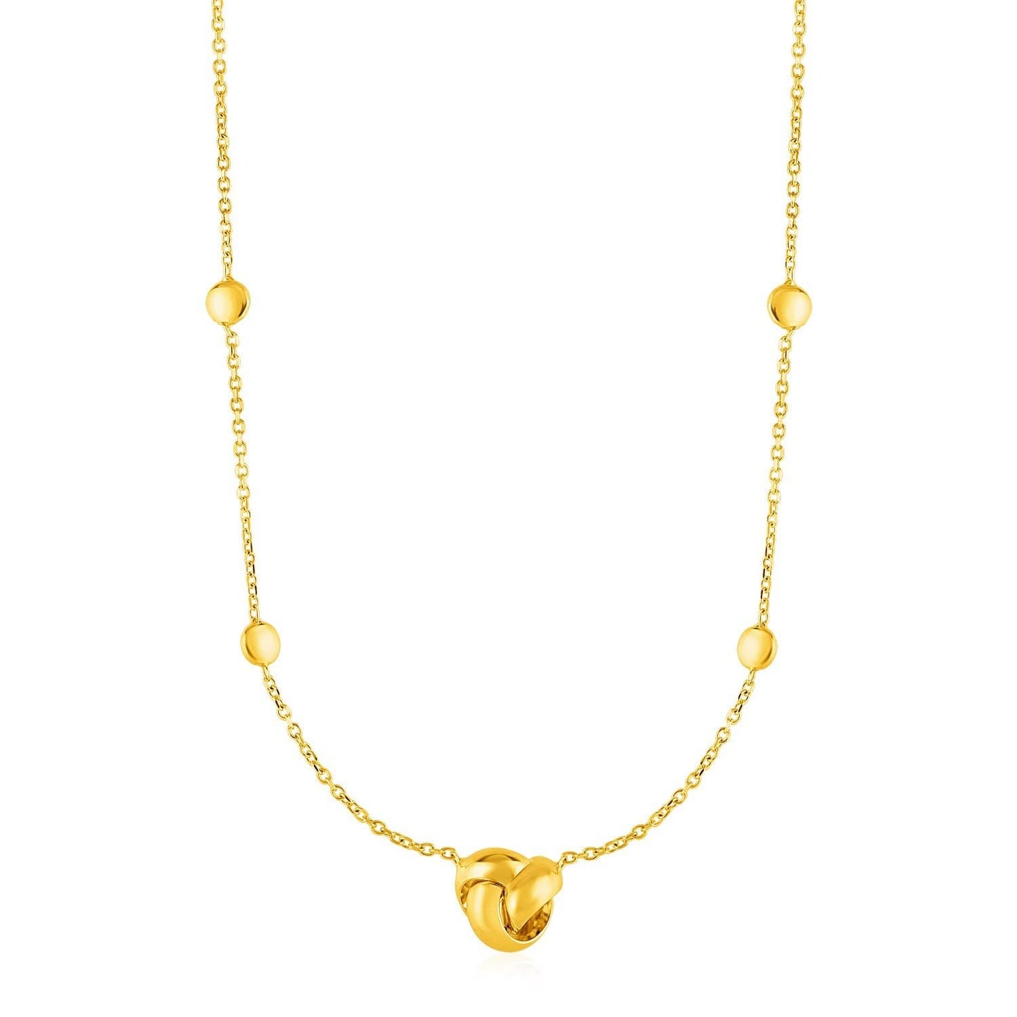 Station Necklace with Love Knot and Round Beads in 14k Yellow Gold