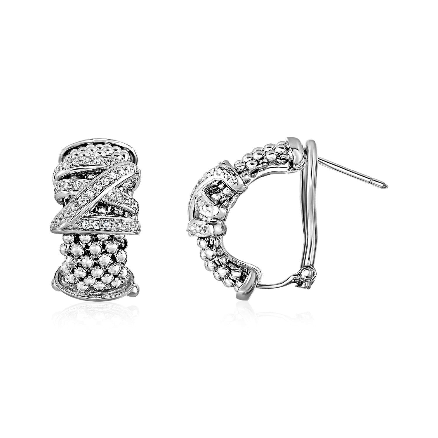 Popcorn Texture Earrings with Crossover Motif and Diamonds in Sterling Silver