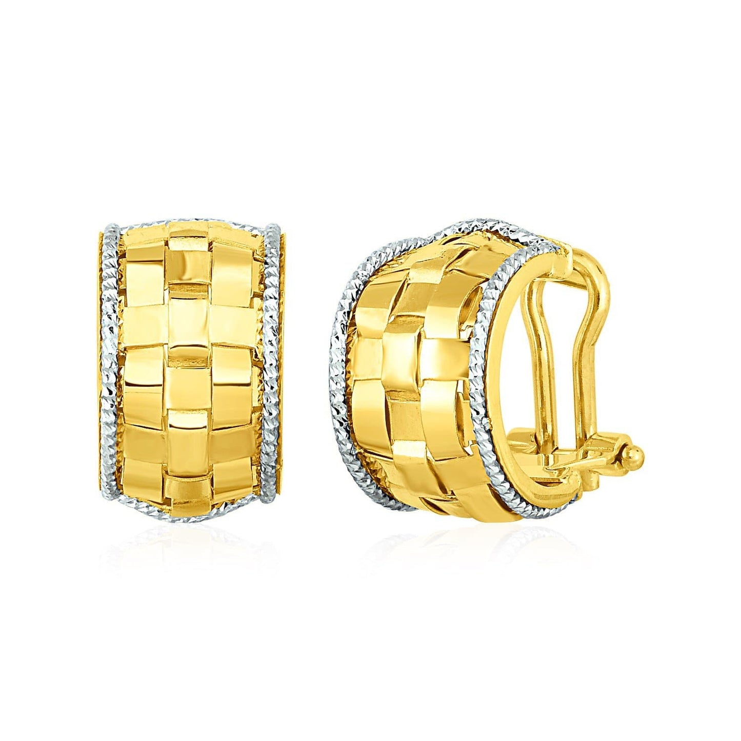 Wide Hoop Earrings with Basket Weave Texture in 14k Yellow and White Gold