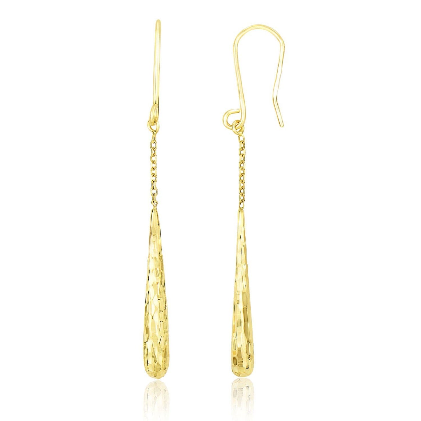 14K Yellow Gold Long Chain Drop Earrings with Diamond Cut Teardrops