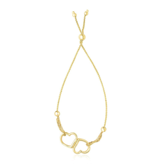 14k Yellow Gold Conjoined Open Heart Adjustable Lariat Style Bracelet