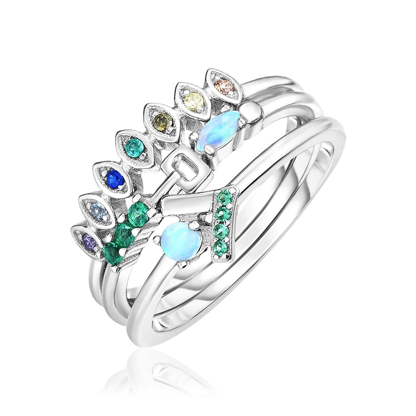 Sterling Silver Three Piece Stackable Set with Blue and Green Cubic Zirconias