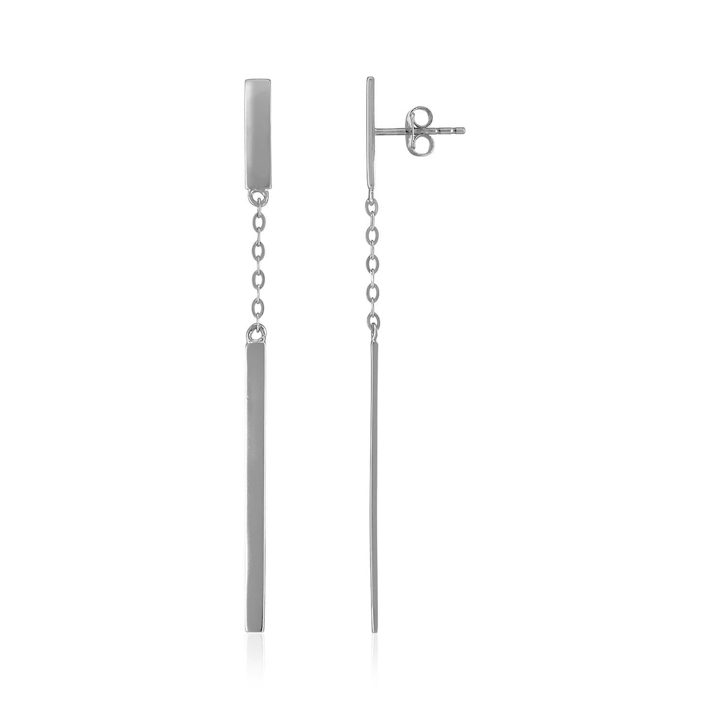 14k White Gold Polished Bar Earrings with Chain and Bar Drop