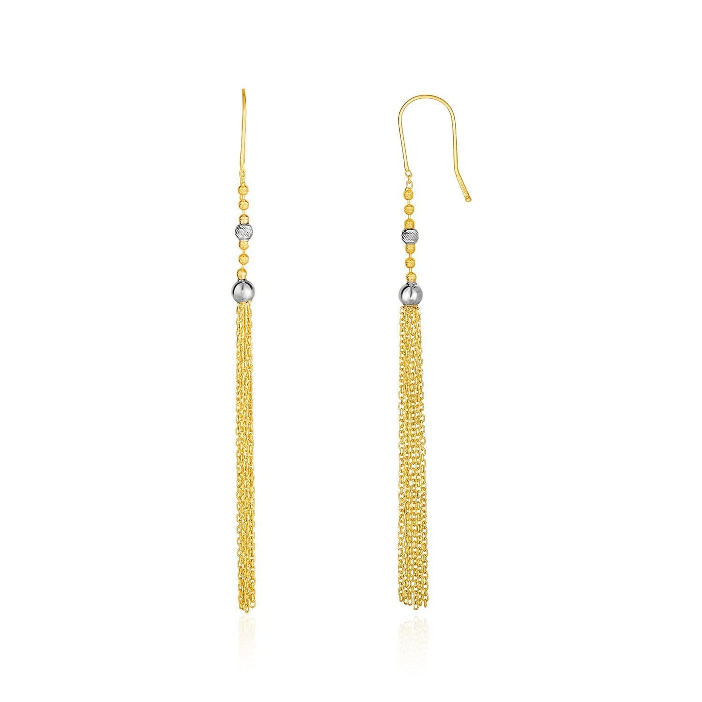 14k Two-Tone Yellow and White Gold Ball and Multi-Strand Tassel Earrings