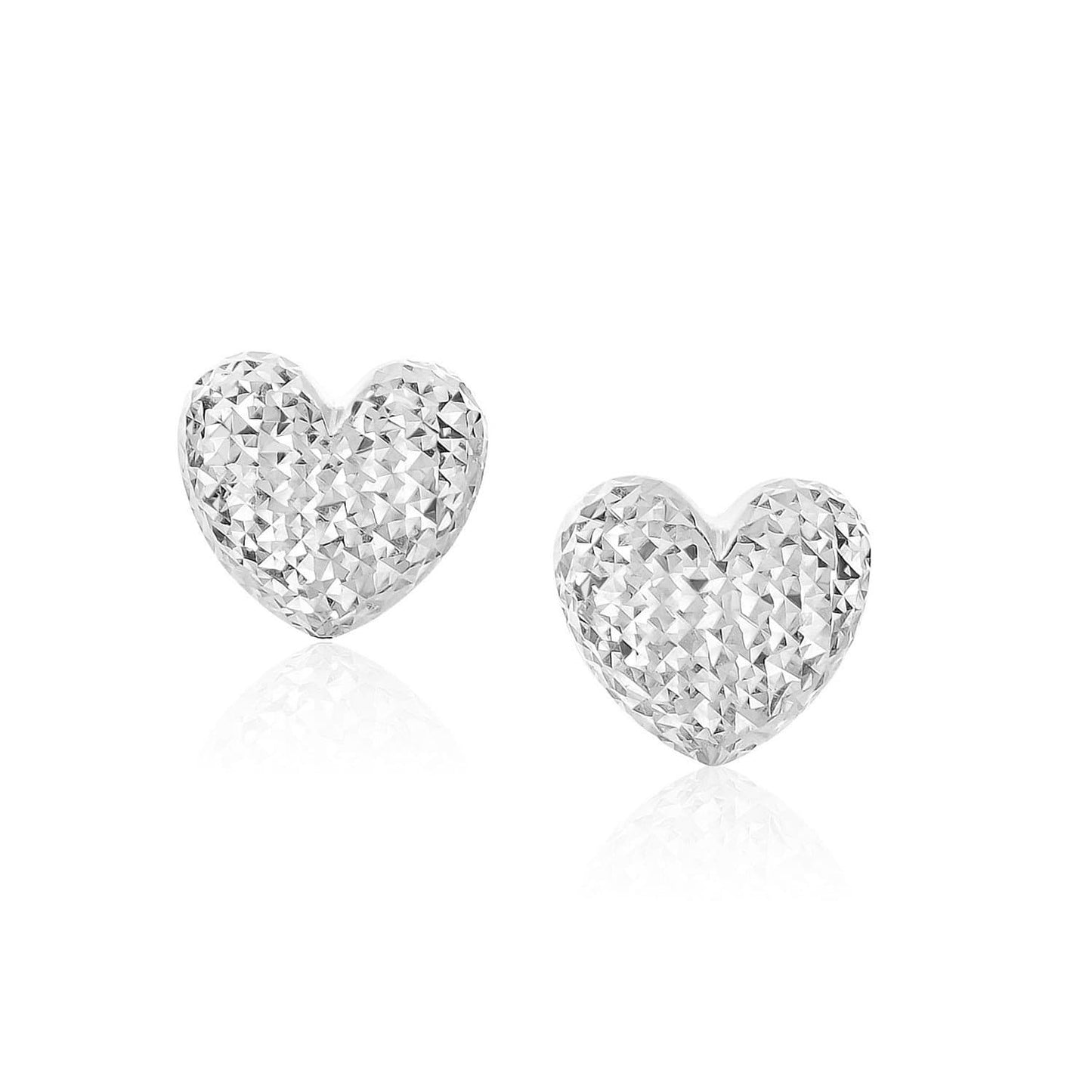 14k White Gold Puffed Heart Earrings with Diamond Cuts