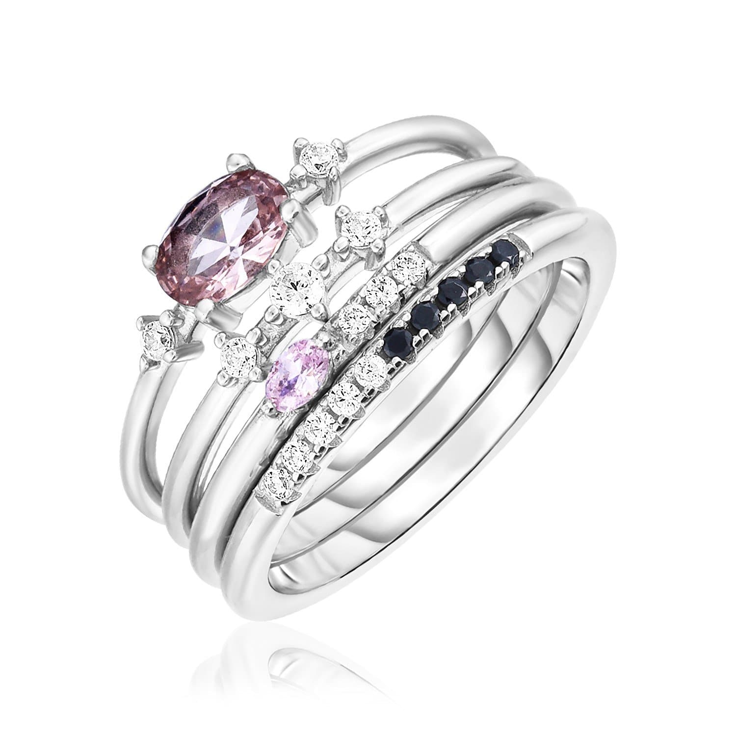 Sterling Silver Four Piece Stackable Ring Set with Pink Hued Cubic Zirconias