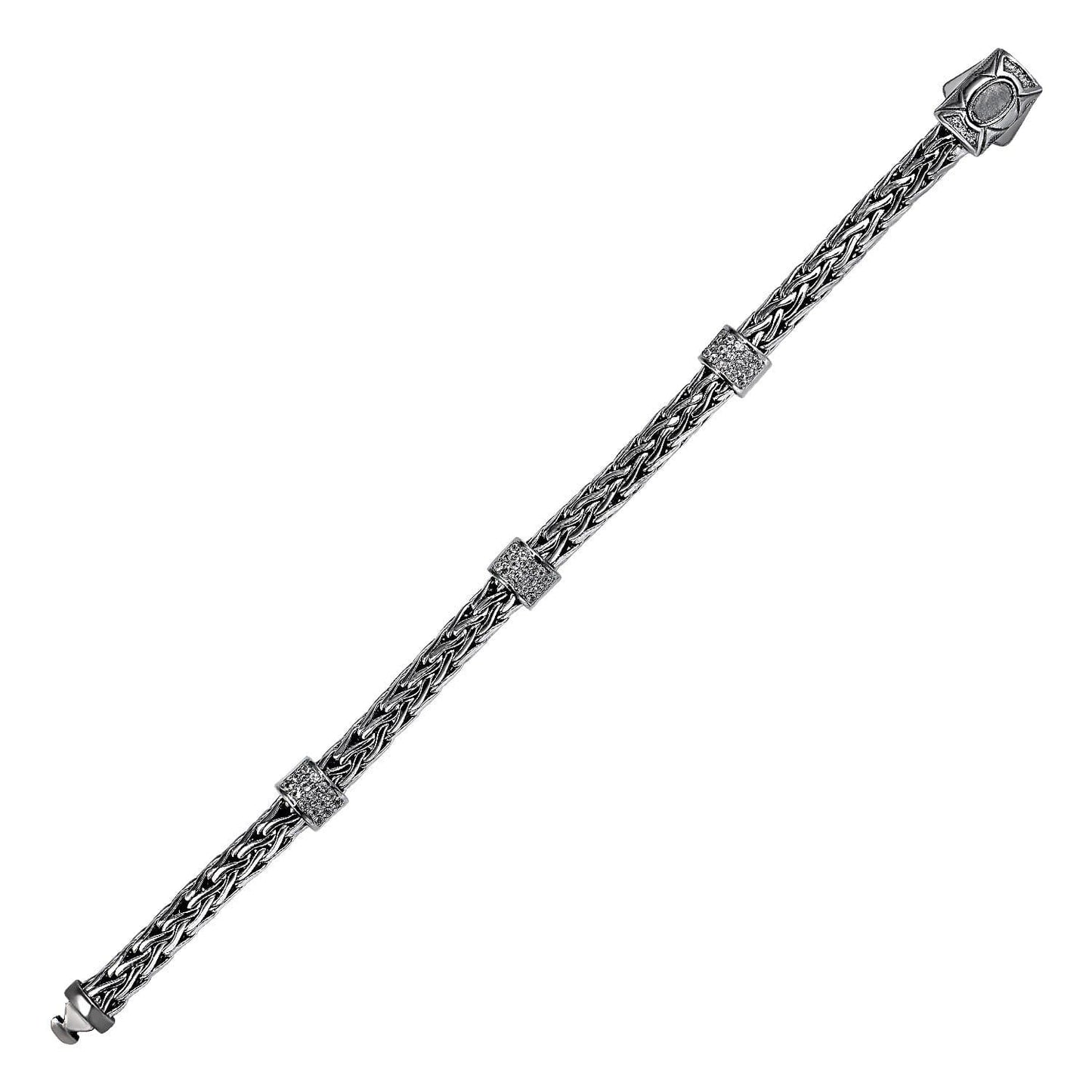 Woven Bracelet with White Sapphire Accents and Black Finish in Sterling Silver