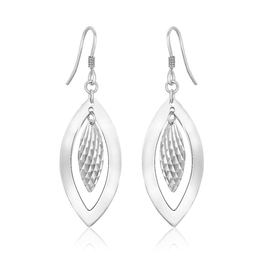 Sterling Silver Dangling Earrings with Dual Open and Textured Marquis Shapes